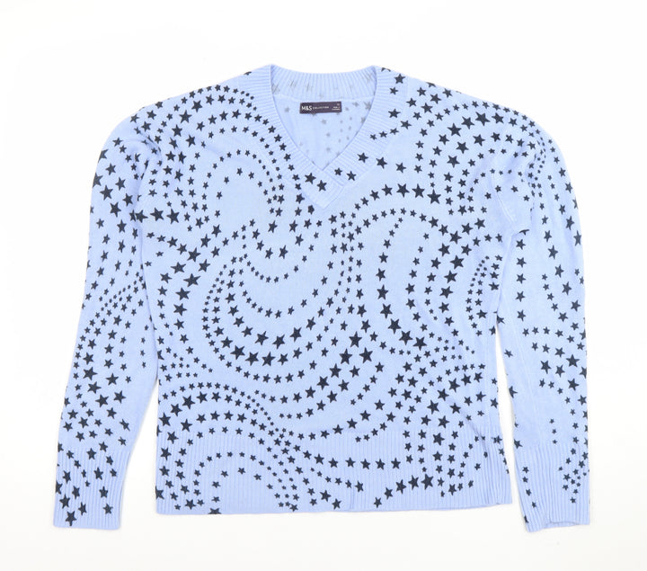 Marks and Spencer Womens Blue Star Print V-Neck Acrylic Jumper Size 12