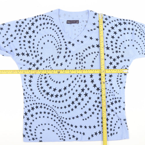 Marks and Spencer Womens Blue Star Print V-Neck Acrylic Jumper Size 12