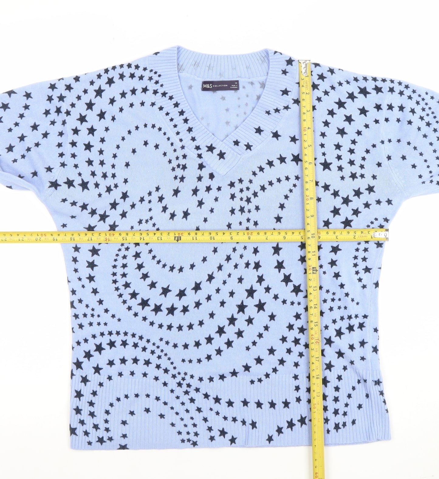 Marks and Spencer Womens Blue Star Print V-Neck Acrylic Jumper Size 12