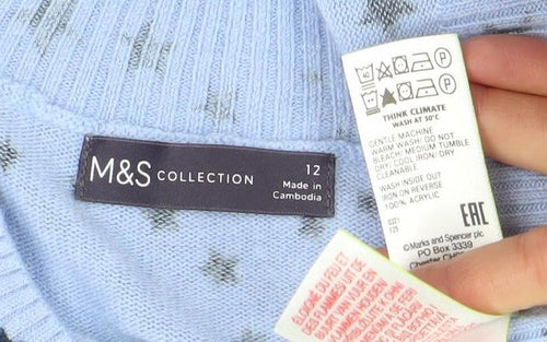Marks and Spencer Womens Blue Star Print V-Neck Acrylic Jumper Size 12