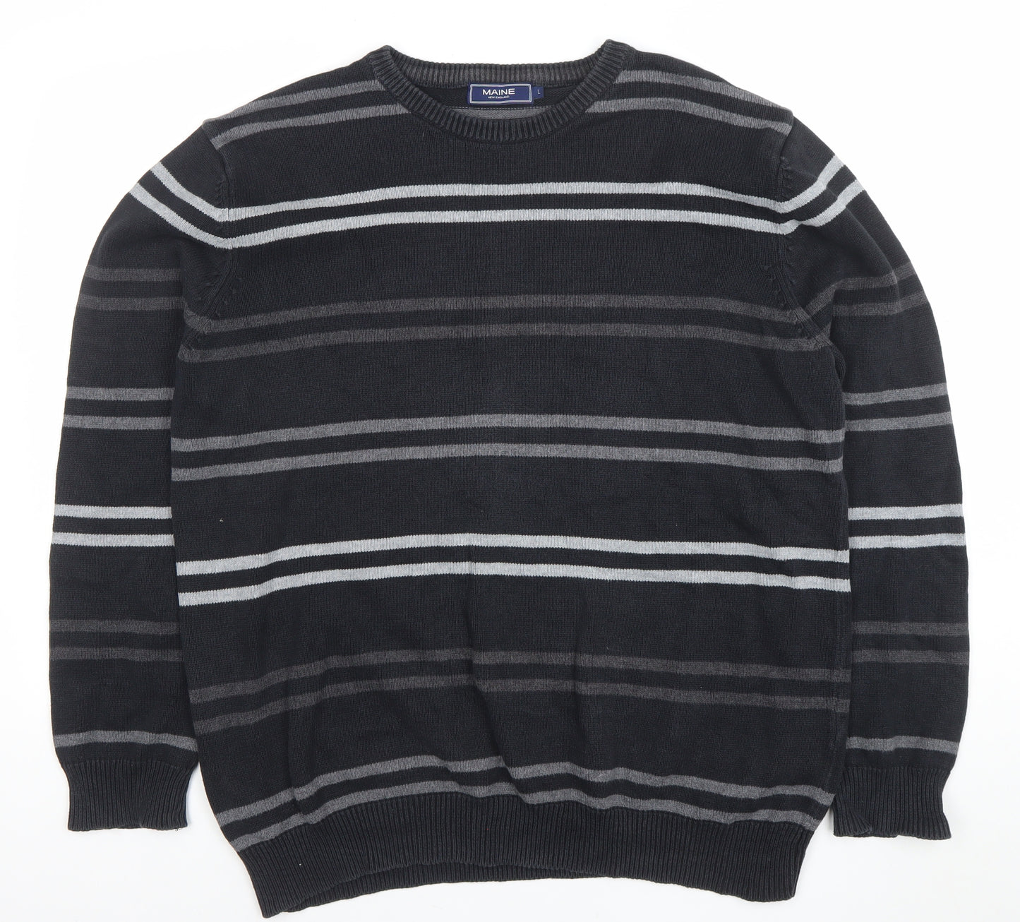 Maine New England Women's Black Striped Cotton Crew Neck Jumper Size L