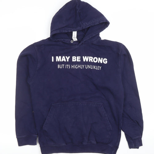 JustHoods AWDis Men's Navy Pullover Hoodie Small Graphic Print Funny Quote Cotton Blend