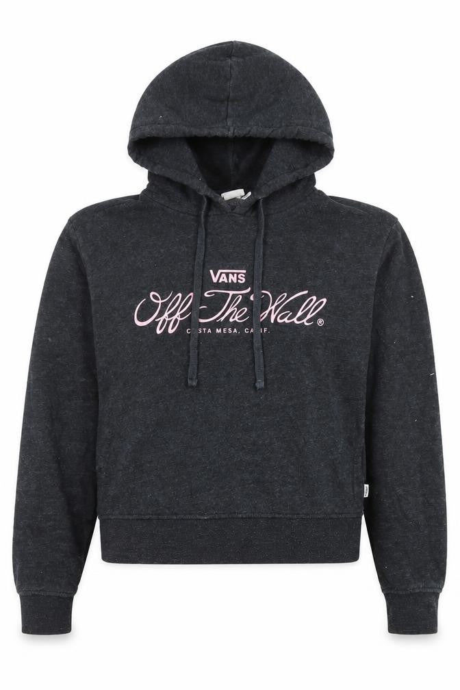 Front view of Vans women’s black xs pullover hoodie off the wall graphic
