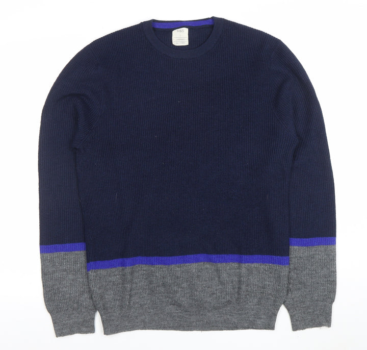 Marks and Spencer Men’s Blue Grey Crew Neck Jumper L Regular Fit