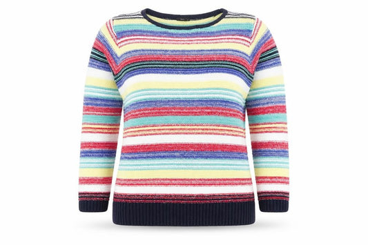 Front view of M&Co Women's Multicoloured Striped Crew Neck jumper, size 10