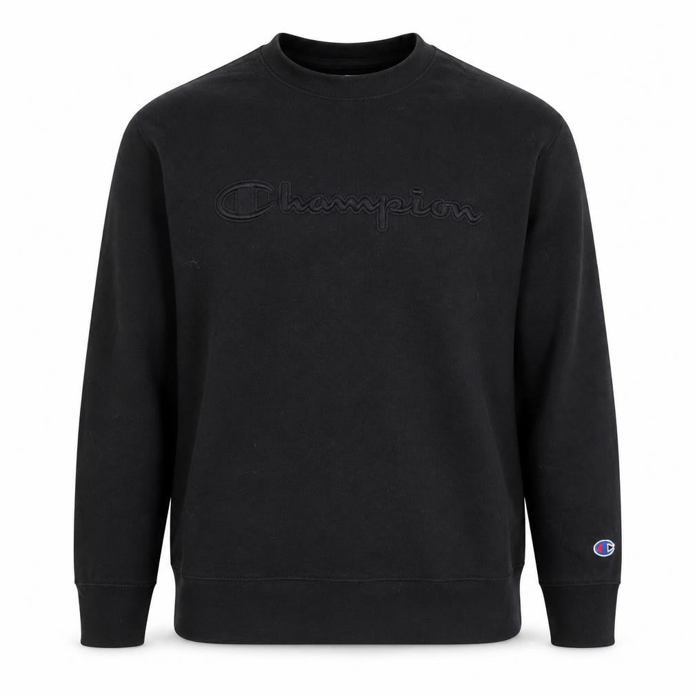 Front view of Champion Men's Black Large Crew Neck Sweatshirt Pullover Logo