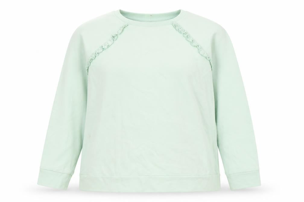 Front view of Woolovers women’s mint green long sleeve pullover sweatshirt m cotton ruffle trim