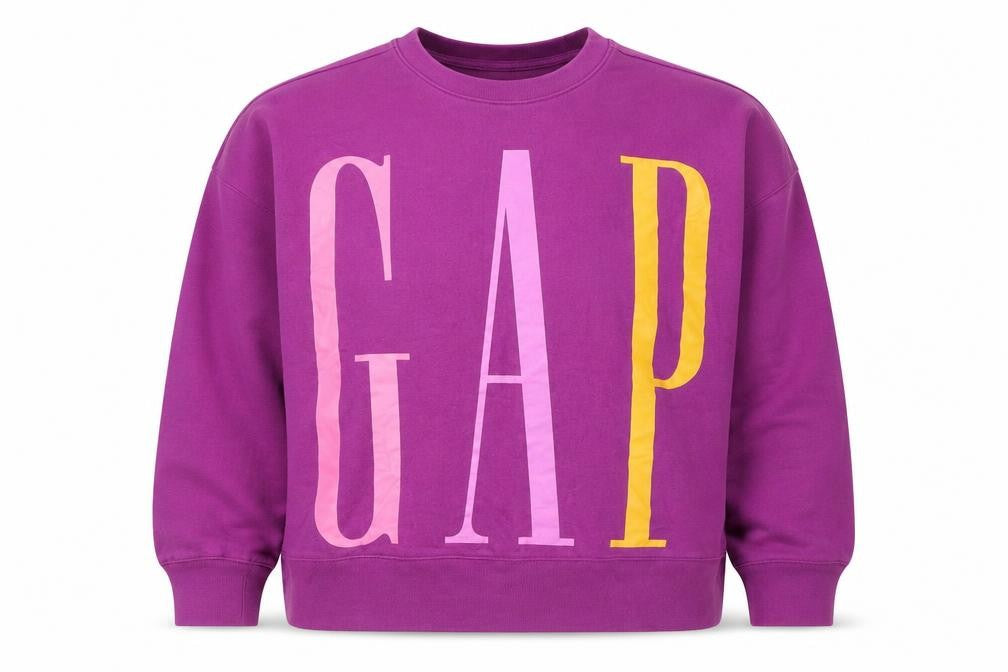 Front view of Gap Women's Purple Logo Crew Neck Pullover Sweatshirt, size S