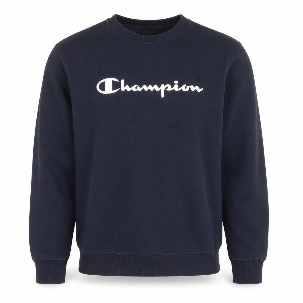 Front view of Champion men’s blue large crew neck fleece sweatshirt pullover