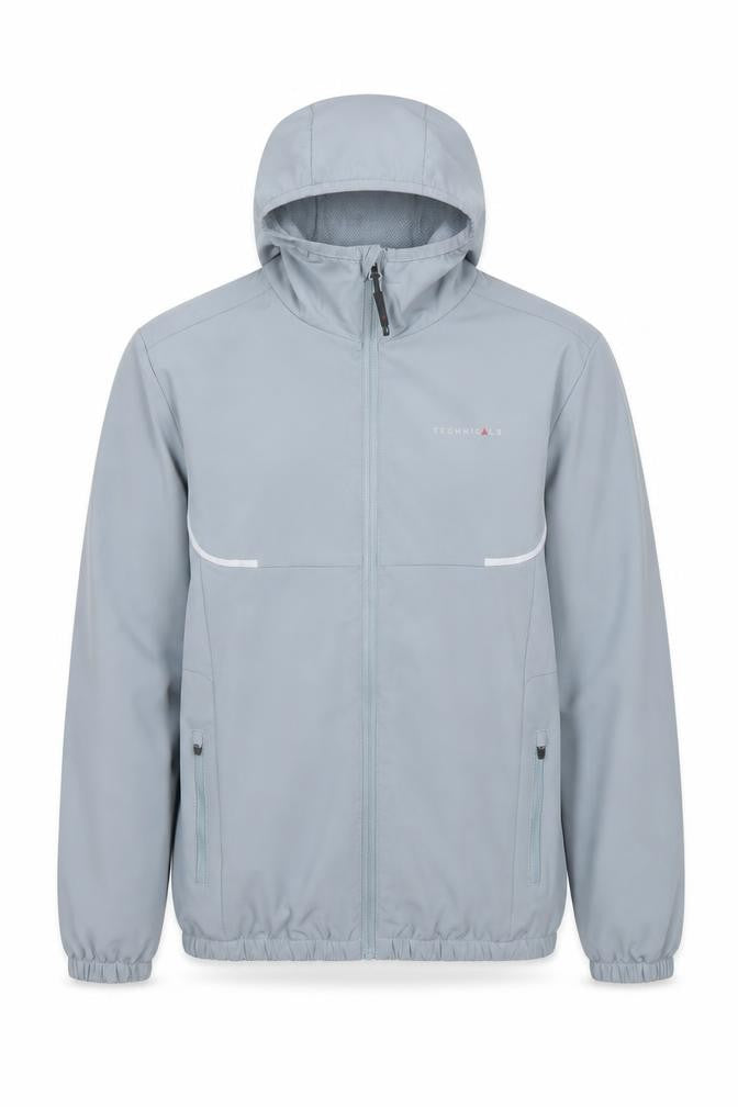 Front view of Technicals boys’ grey hooded soft shell jacket 13 years full zip outdoor