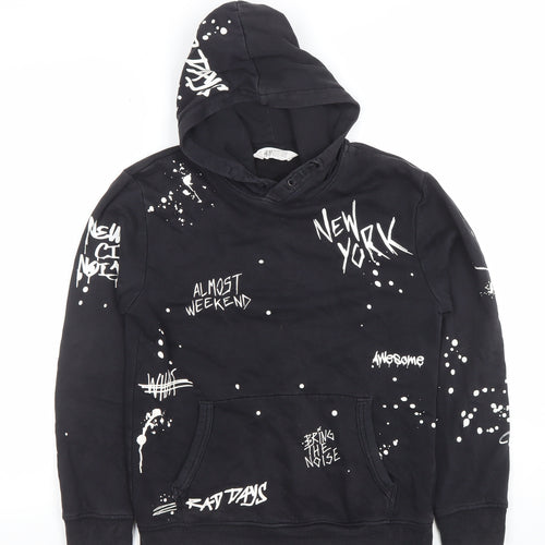 H&M Boys Black Hoodie 10-12 Years Graphic Print Pullover Sweatshirt