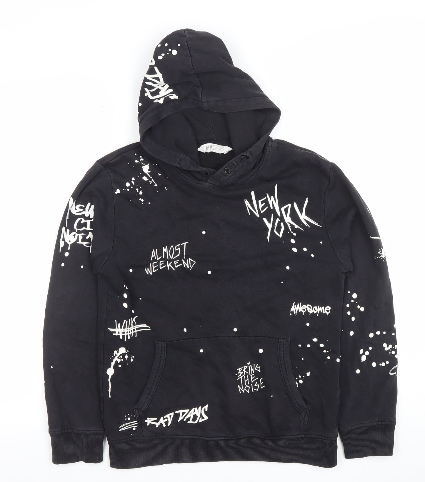 H&M Boys Black Hoodie 10-12 Years Graphic Print Pullover Sweatshirt