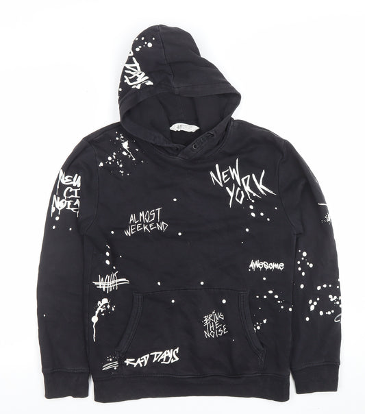 H&M Boys Black Hoodie 10-12 Years Graphic Print Pullover Sweatshirt