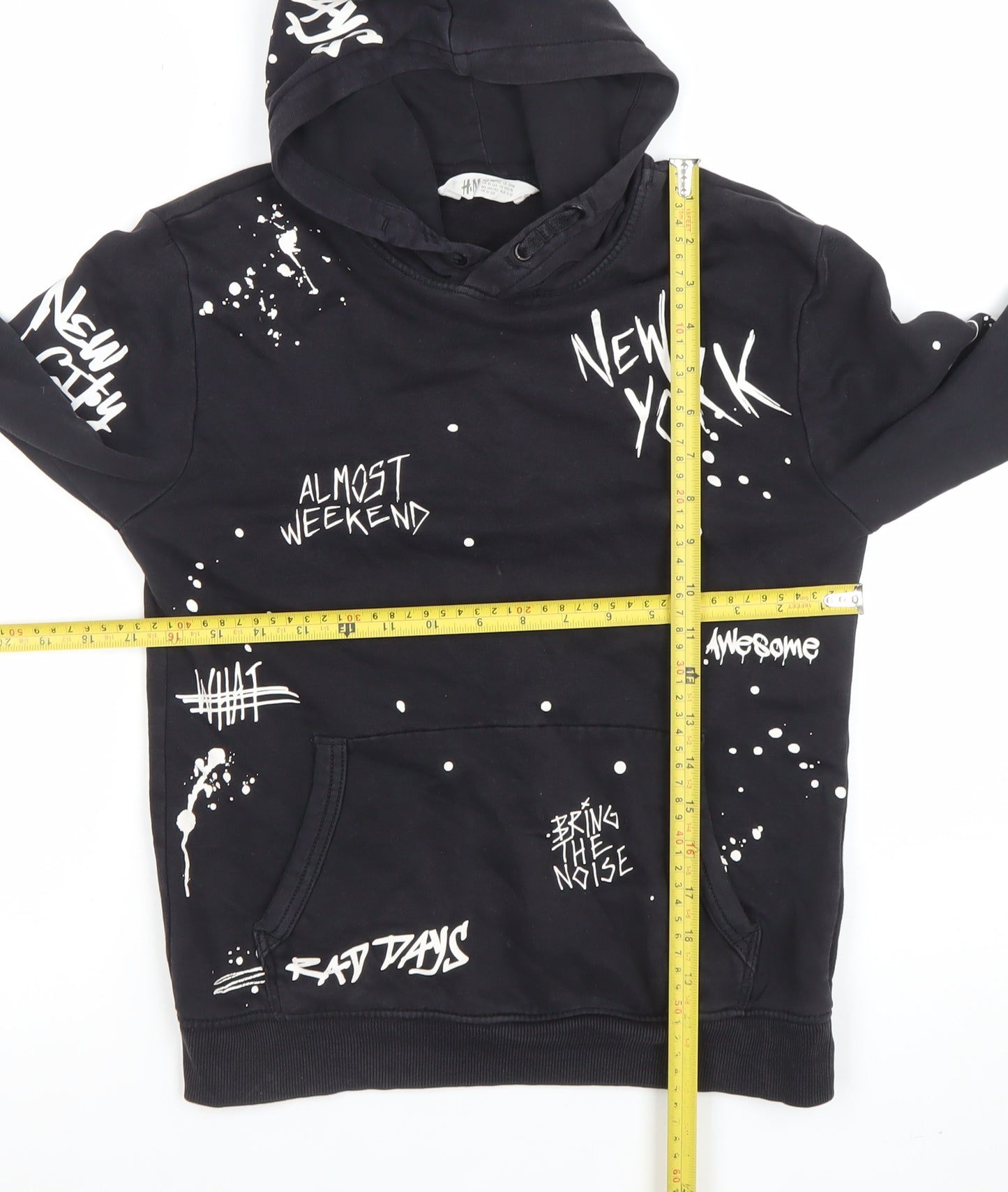 H&M Boys Black Hoodie 10-12 Years Graphic Print Pullover Sweatshirt