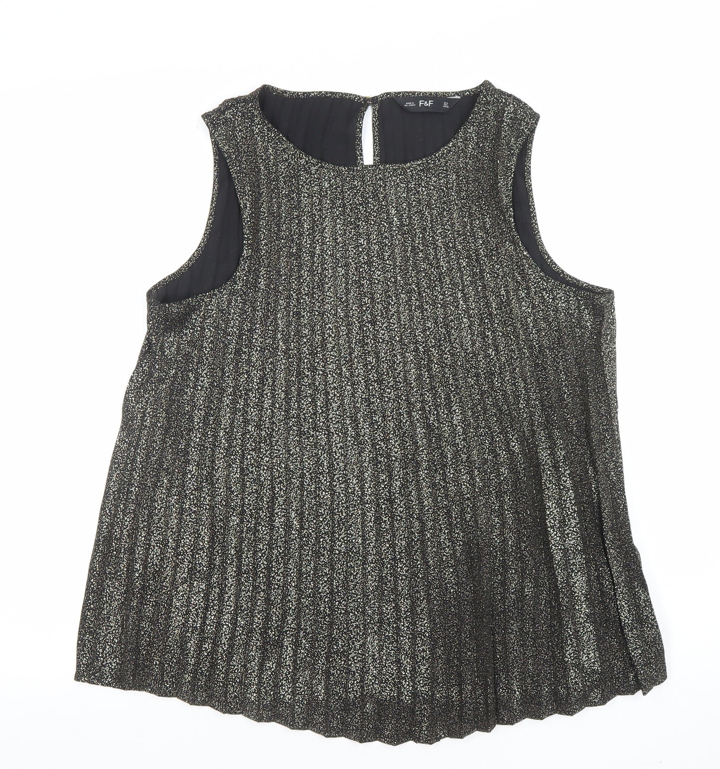 F&F Women Black Pleated Metallic Sleeveless Tunic Blouse UK 10