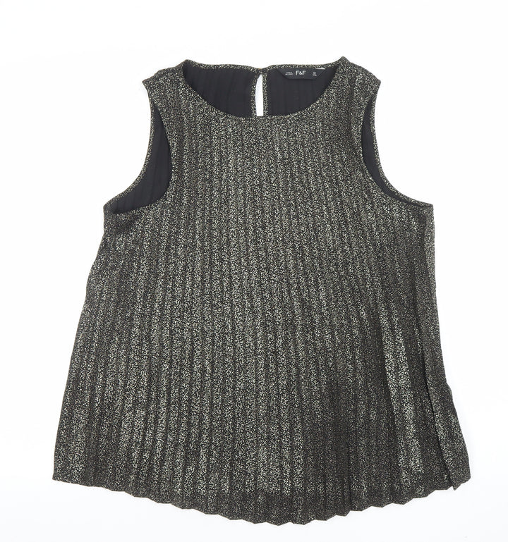 F&F Women Black Pleated Metallic Sleeveless Tunic Blouse UK 10