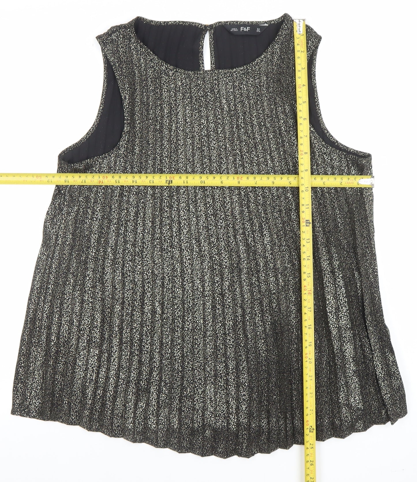 F&F Women Black Pleated Metallic Sleeveless Tunic Blouse UK 10