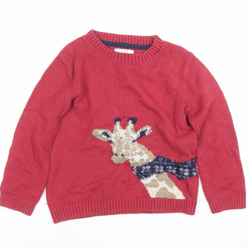 FatFace Girls Red Giraffe Jumper 5-6 Years Cotton Blend Crew Neck