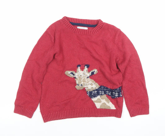 FatFace Girls Red Giraffe Jumper 5-6 Years Cotton Blend Crew Neck