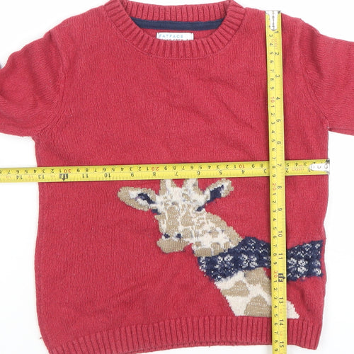 FatFace Girls Red Giraffe Jumper 5-6 Years Cotton Blend Crew Neck