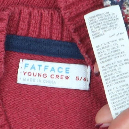 FatFace Girls Red Giraffe Jumper 5-6 Years Cotton Blend Crew Neck