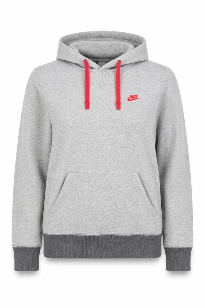 Front view of Nike Women's Grey Pullover Hoodie Small Red Drawstring Cotton Blend