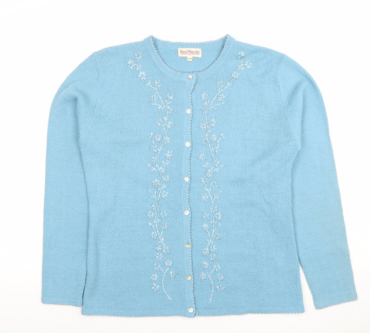 Bon Marché Women's Blue Embroidered Cardigan S/M Acrylic Viscose