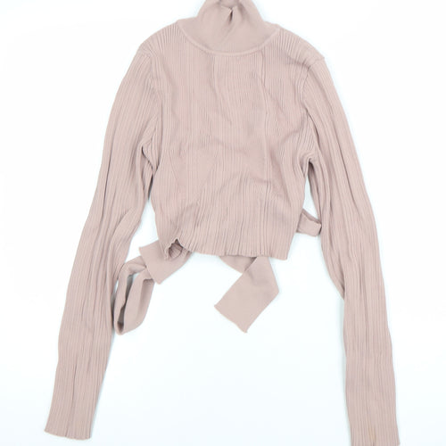 Zara Women Beige Ribbed Cropped Roll Neck Tie Back Knit Top Size 12