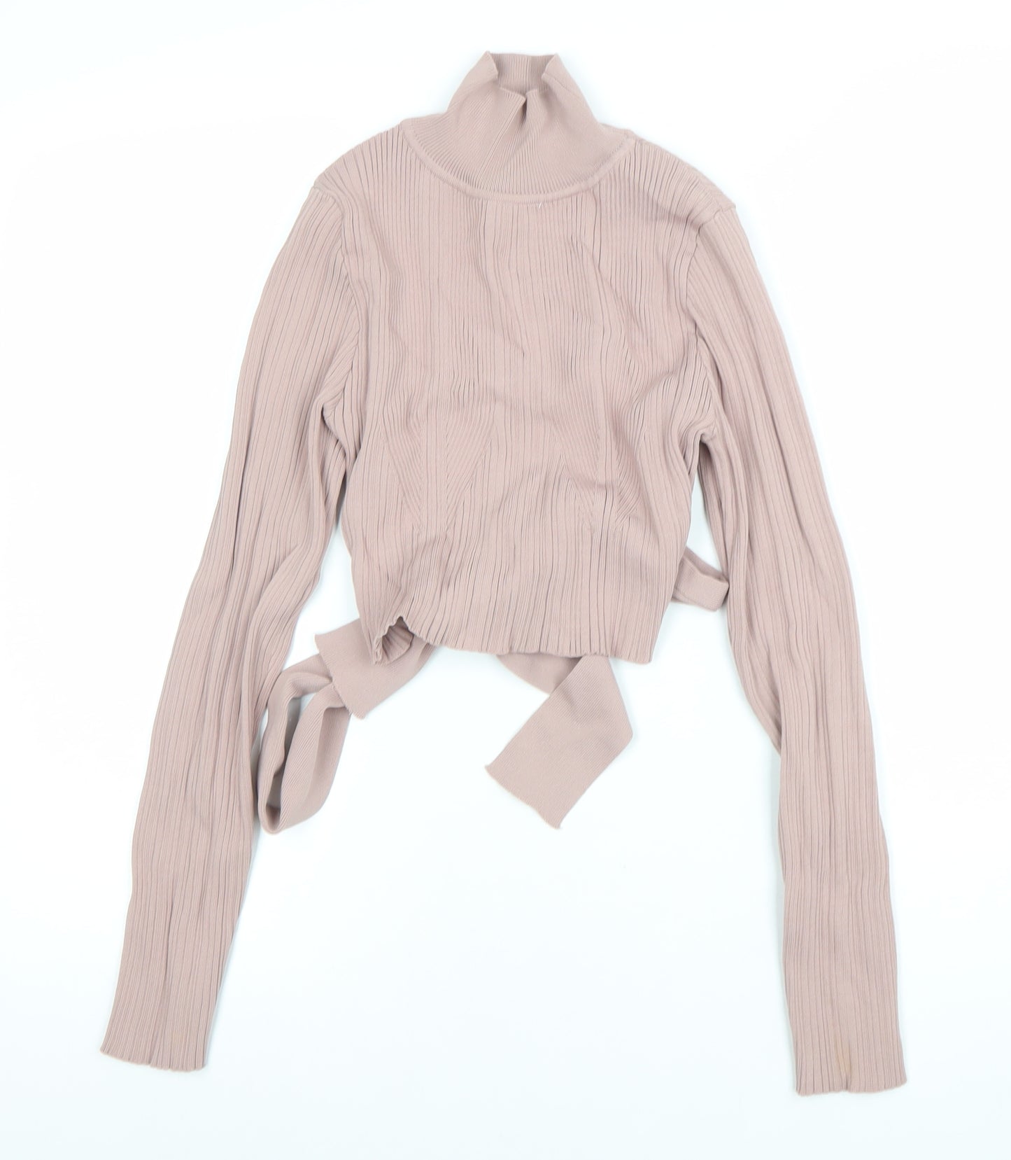 Zara Women Beige Ribbed Cropped Roll Neck Tie Back Knit Top Size 12