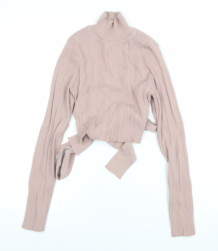 Zara Women Beige Ribbed Cropped Roll Neck Tie Back Knit Top Size 12
