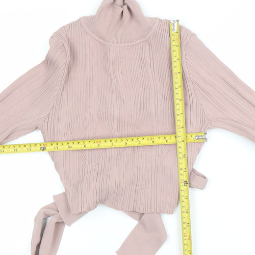 Zara Women Beige Ribbed Cropped Roll Neck Tie Back Knit Top Size 12