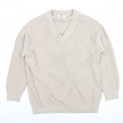 Uniqlo Women Beige V-Neck Chunky Knit Jumper Size S