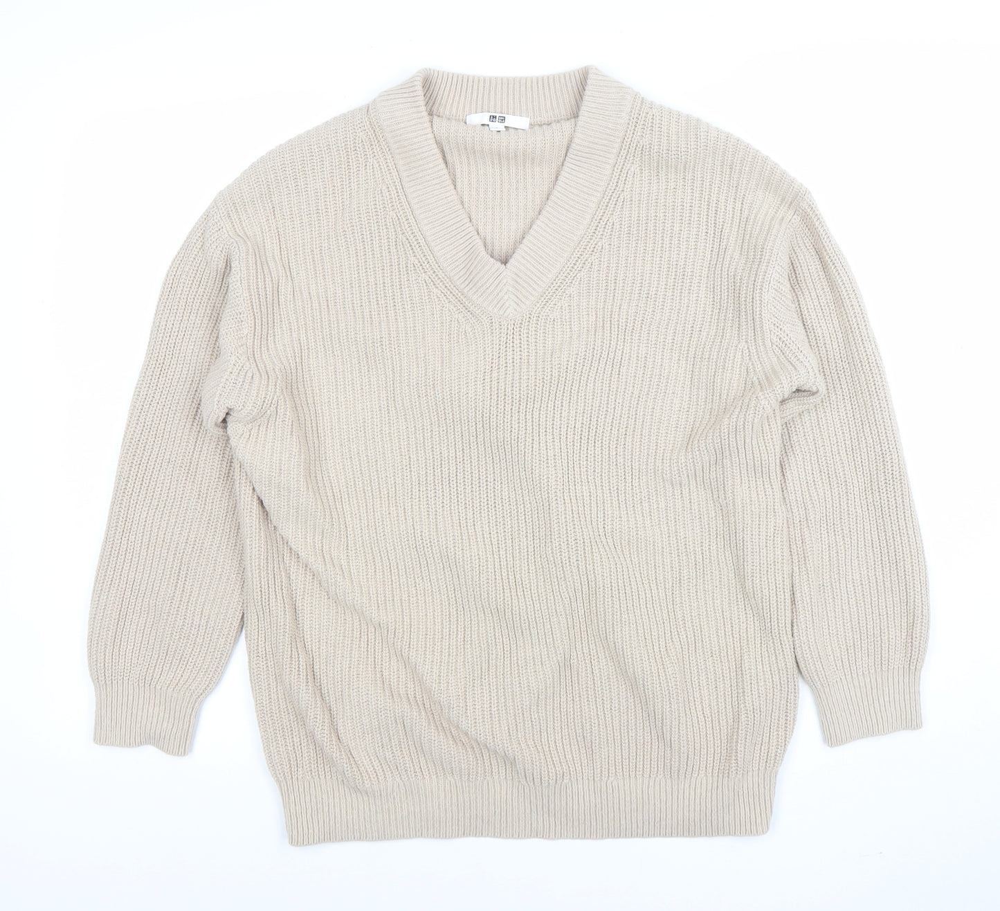 Uniqlo Women Beige V-Neck Chunky Knit Jumper Size S