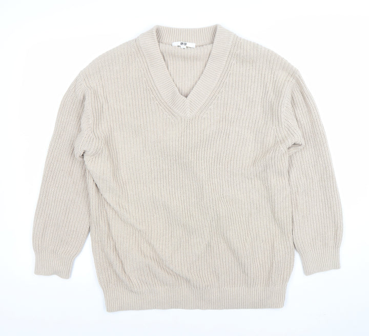 Uniqlo Women Beige V-Neck Chunky Knit Jumper Size S