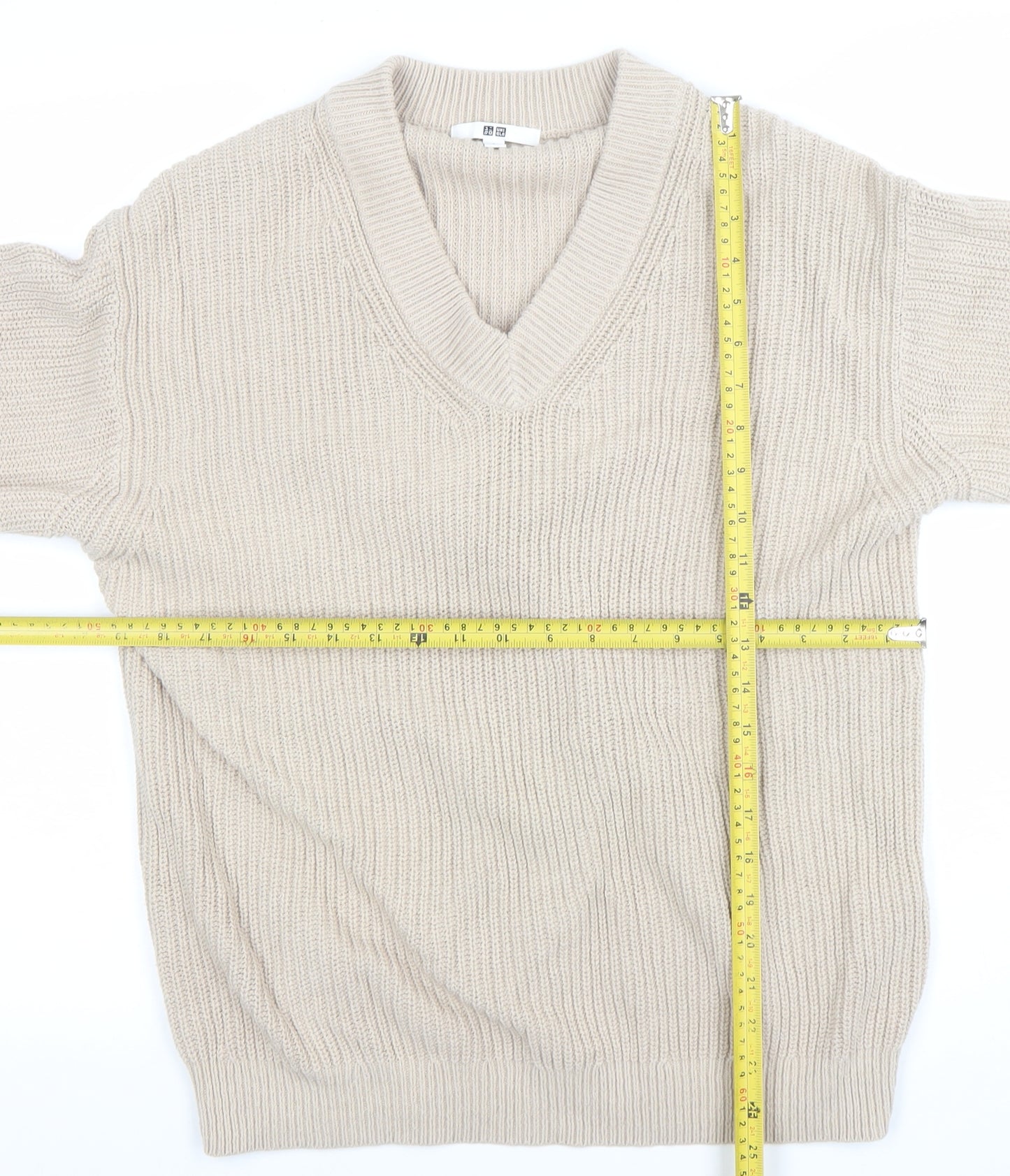 Uniqlo Women Beige V-Neck Chunky Knit Jumper Size S