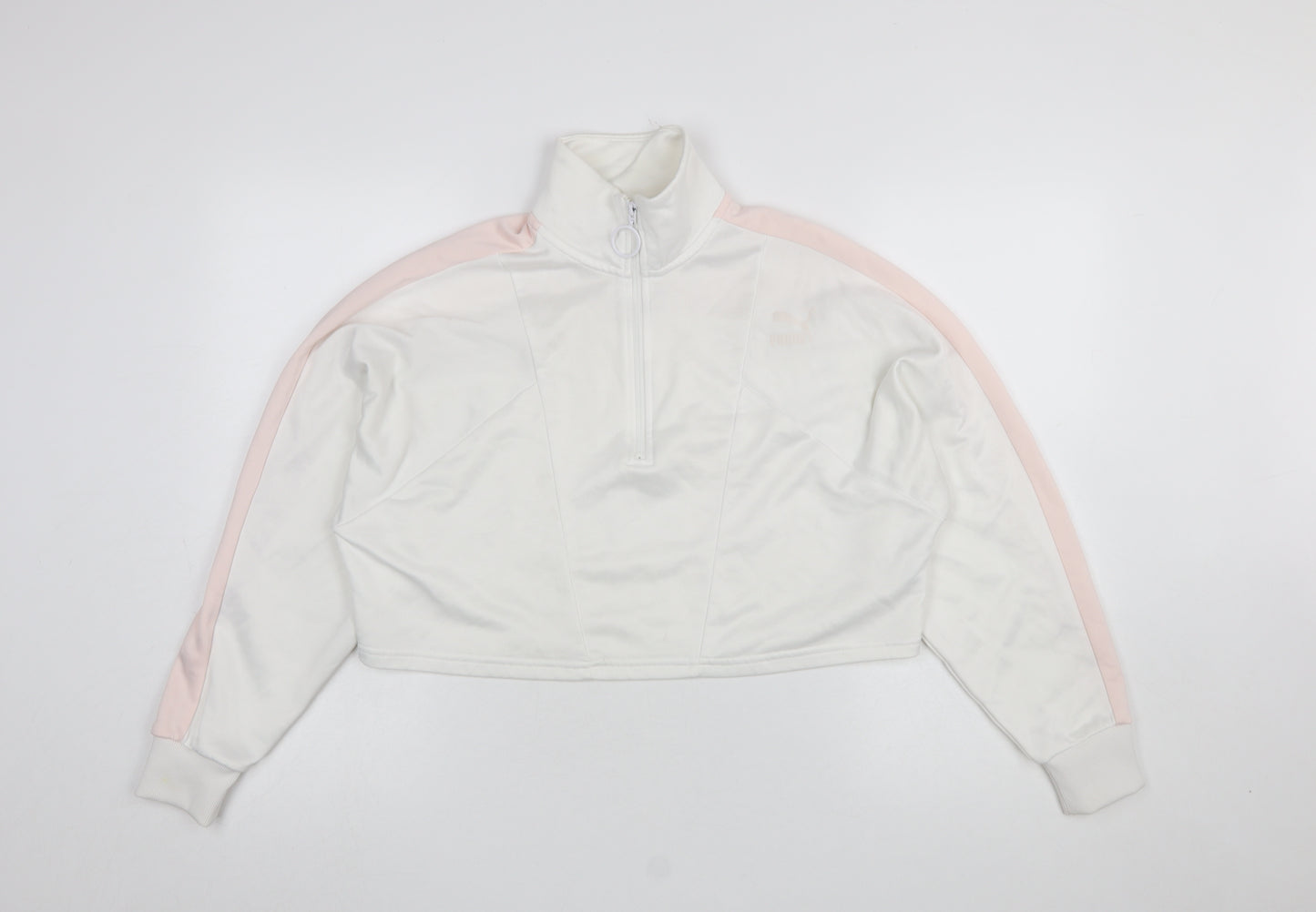 Puma Women White Pink 1/2 Zip Sweatshirt XS Tailored Sport Style