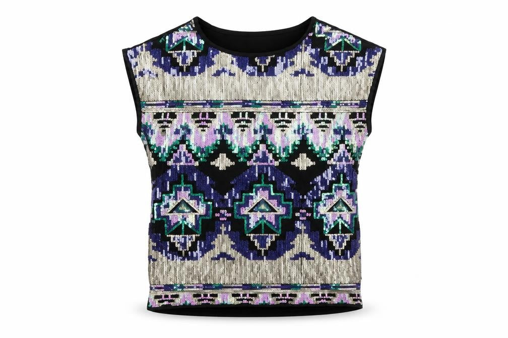 Front view of Vero Moda women’s black sequin aztec short sleeve top xs