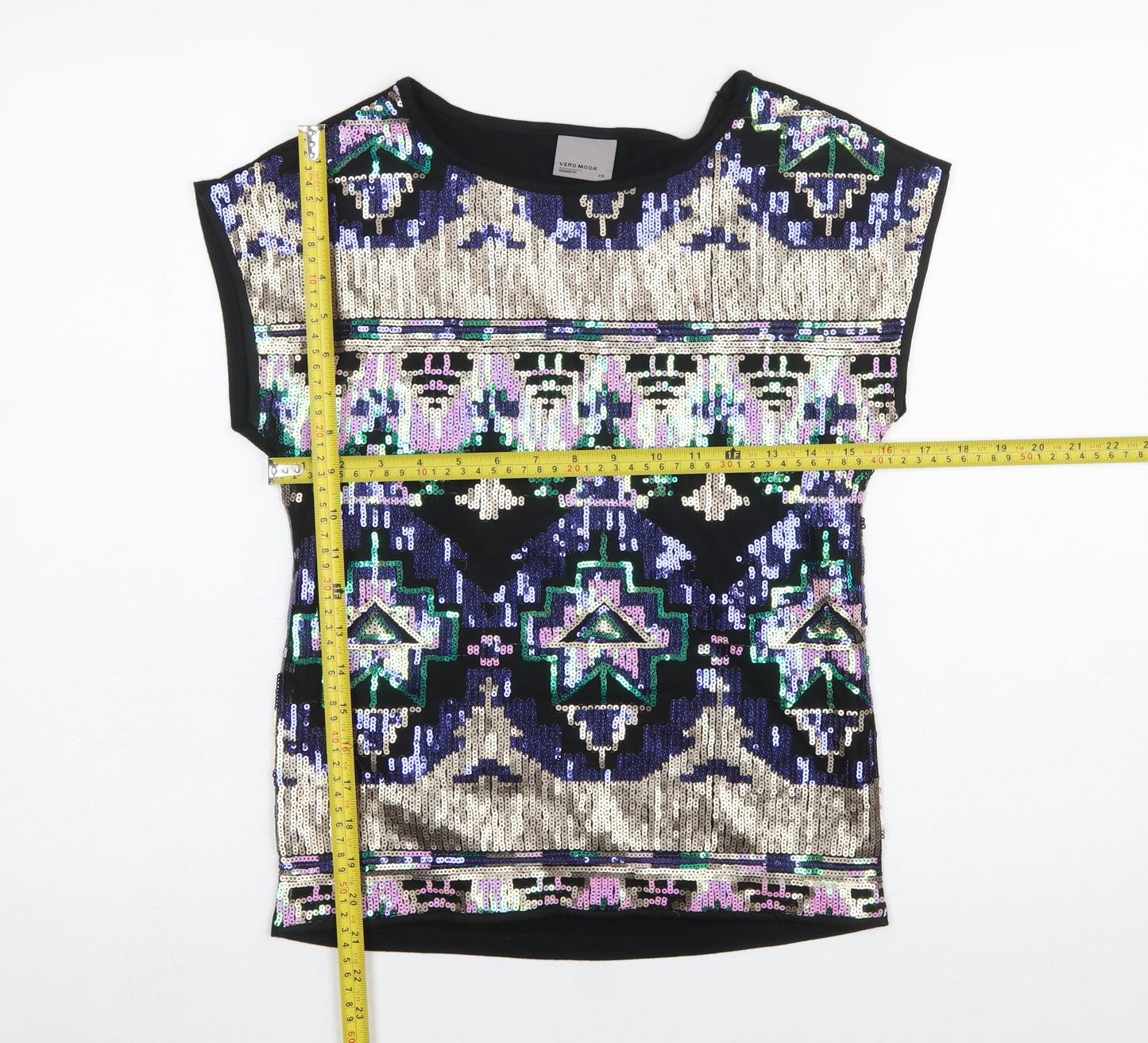 Vero Moda Womens Black Sequin Aztec Short Sleeve Top XS