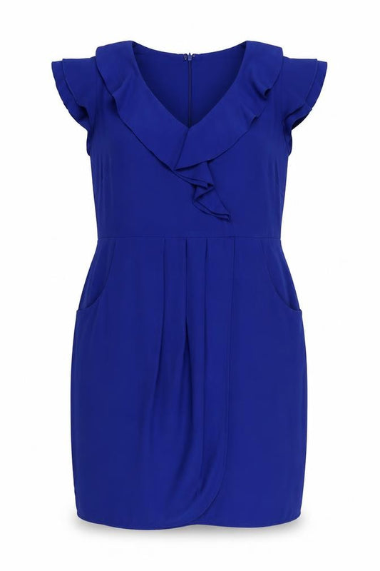 Front view of A|wear Women’s Blue Short Sleeve Frill Shift Dress, size UK 16