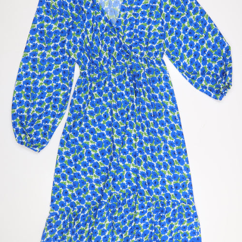 Boohoo Women Blue Floral Wrap Midi Dress Plus Size 16