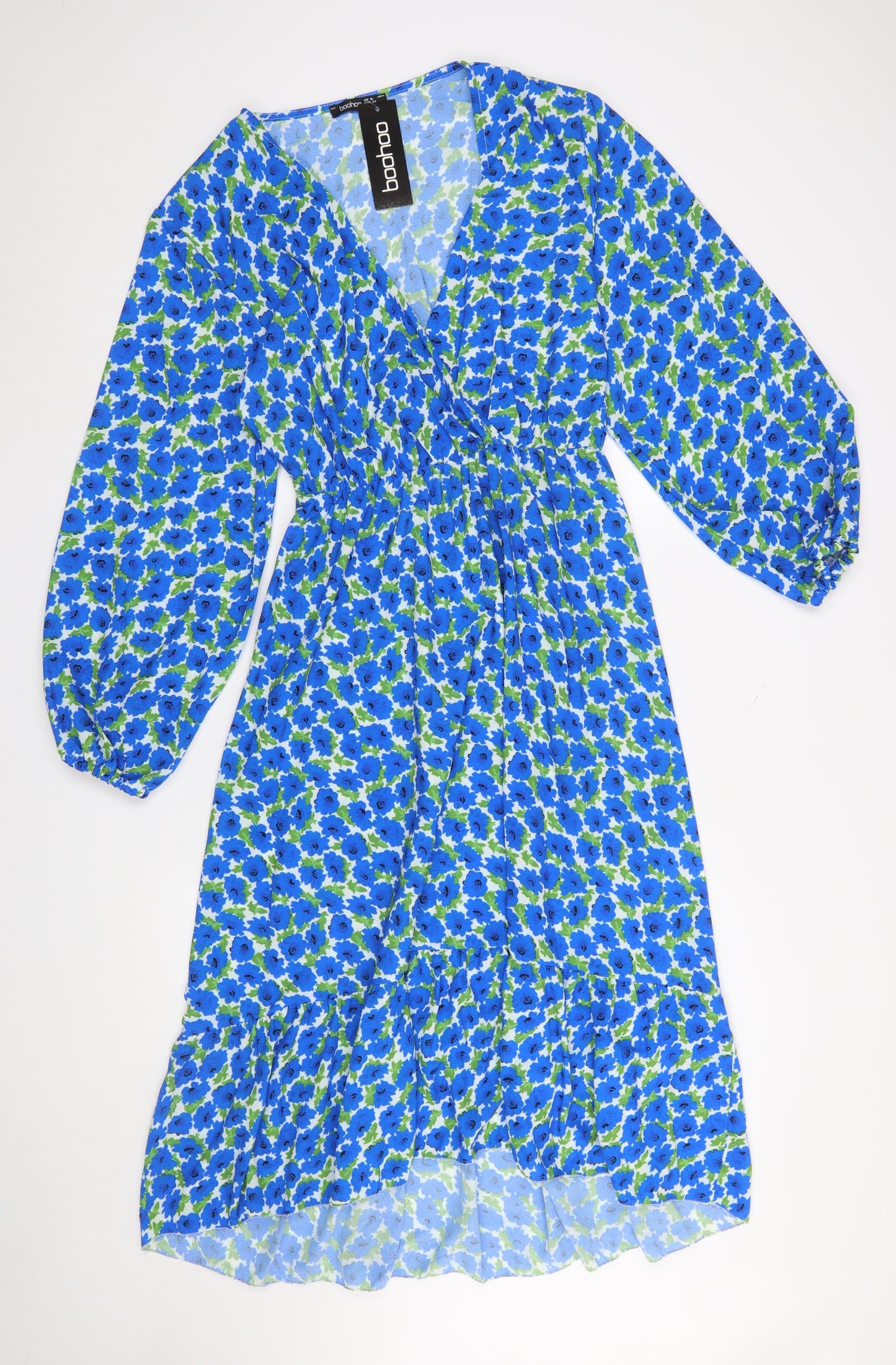 Boohoo Women Blue Floral Wrap Midi Dress Plus Size 16