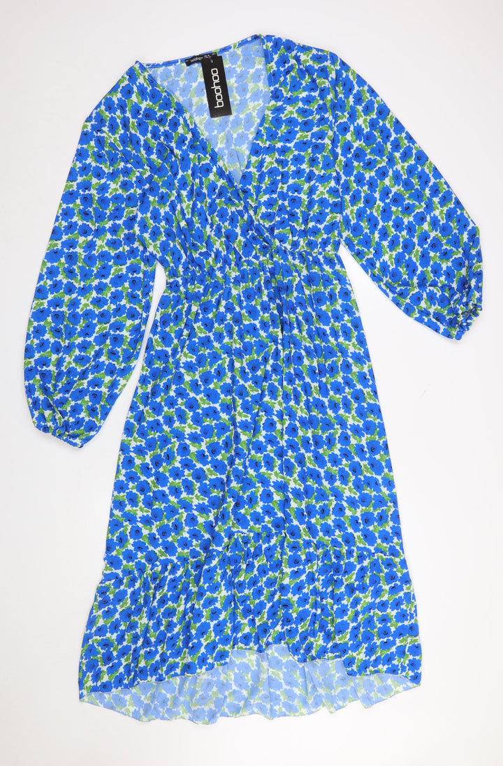 Boohoo Women Blue Floral Wrap Midi Dress Plus Size 16
