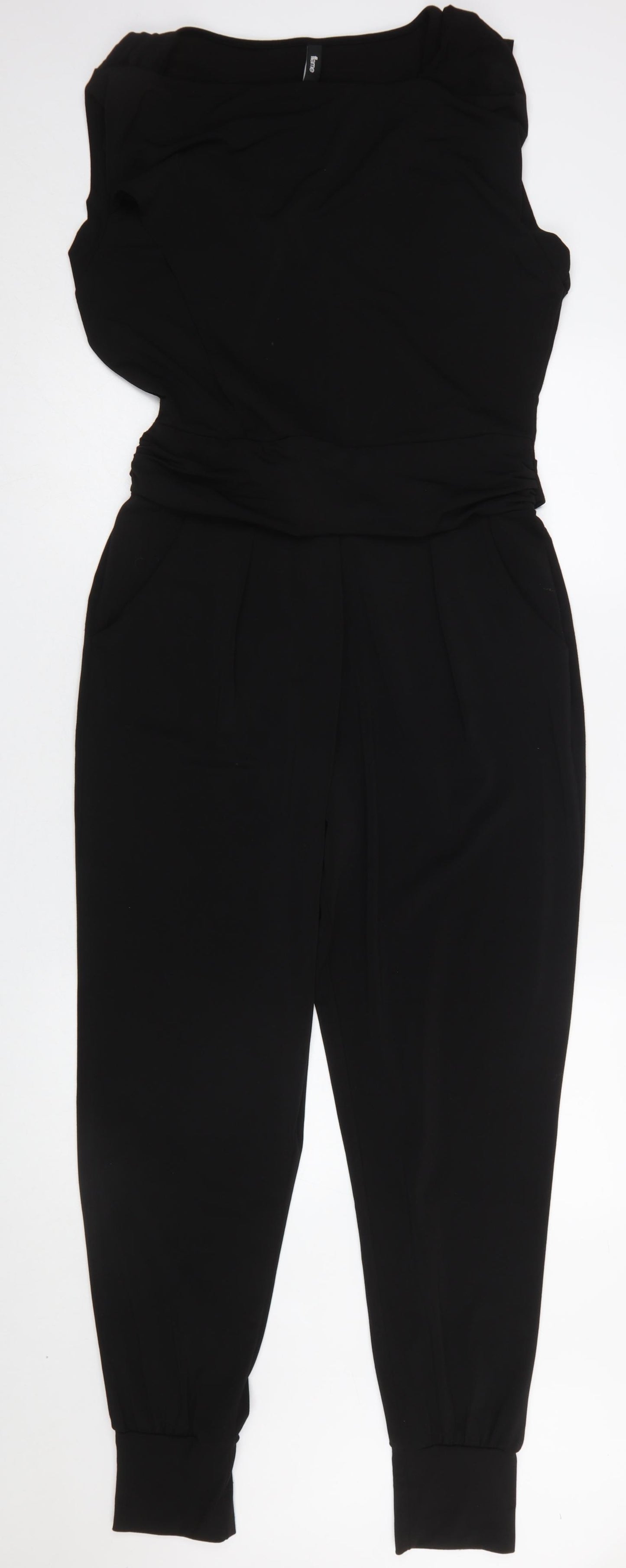 Flame Womens Black Sleeveless Belted Tapered Jumpsuit L