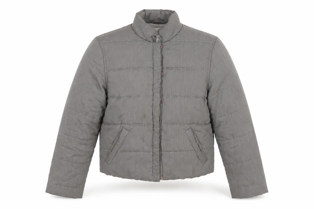 Front view of Armani Exchange Women Grey Short Puffer Jacket, size S, Quilted Button