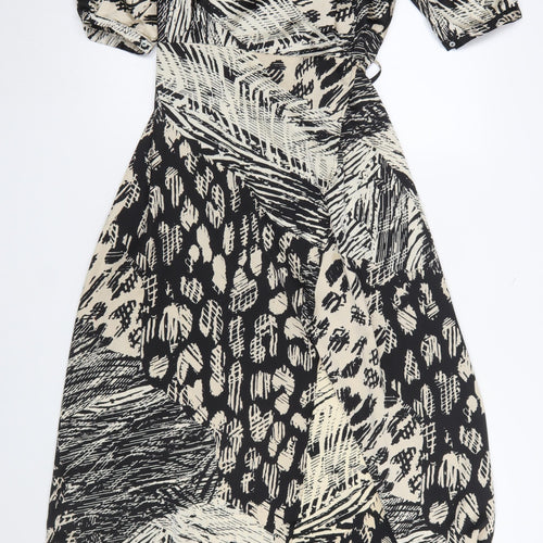 Lovestitch Women's Black Midi Wrap Dress Size S Boho Animal Print