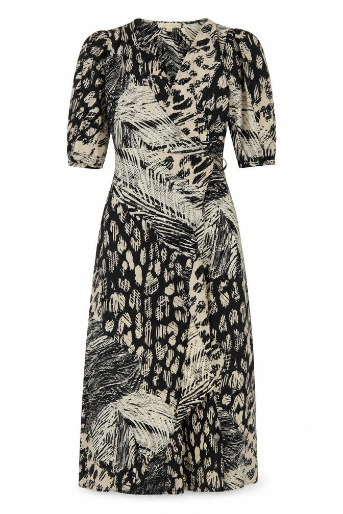 Lovestitch Women's Black Midi Wrap Dress Size S Boho Animal Print