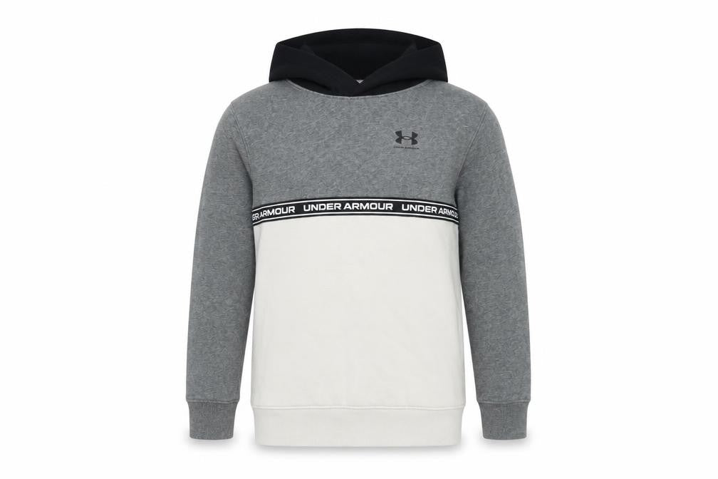Front view of Under Armour boys’ grey hoodie medium colourblock pullover coldgear