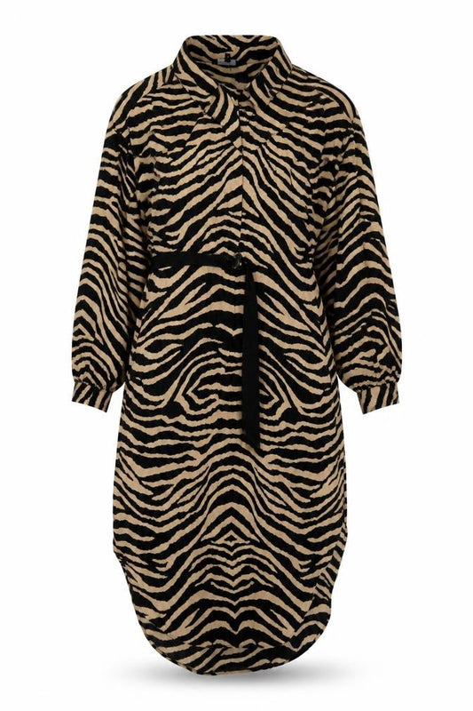Front view of Next Women’s Beige Animal Print Shirt Dress, size UK 14, Collared Belted