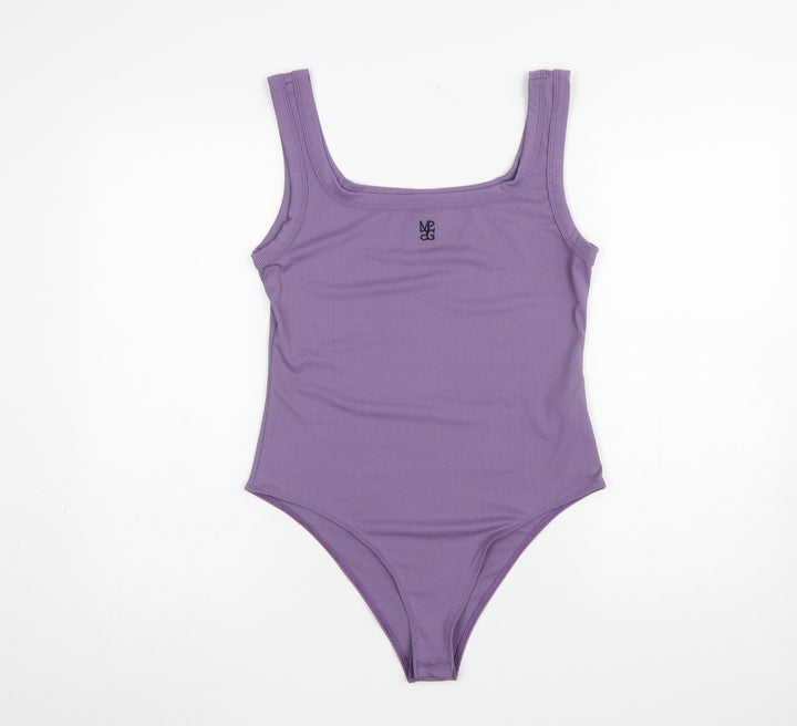 Missguided Women Purple Ribbed Bodysuit Large Sleeveless Scoop Neck