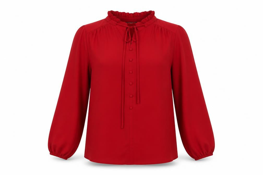 Front view of Dunnes Women Red Long Sleeve Ruffle Neck Button Blouse, size 14